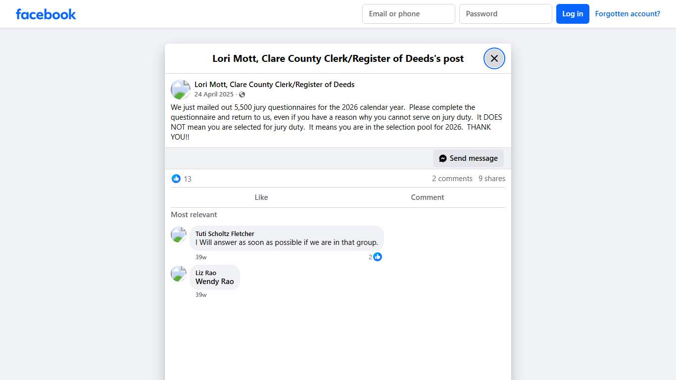 We just... - Lori Mott, Clare County Clerk/Register of Deeds Facebook