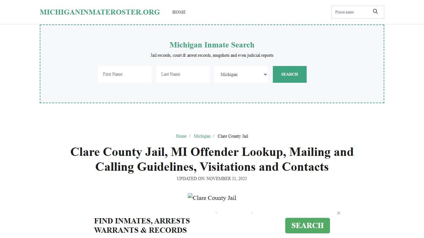Clare County Jail, MI: Inmate Search Options, Visitations, Contacts